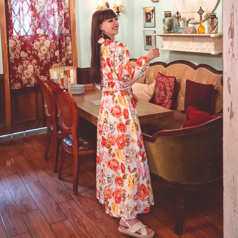 

Multi Floral Robe Femme 2021 Newest Woman Maxi Dresses Long Sleeve Casual Loose Dress Plus Size Fashion Muslim Turkish Clothing