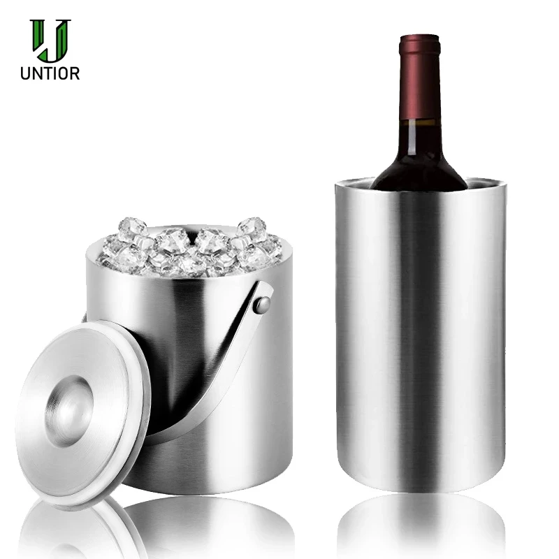 

UNTIOR 1.3L/3L Stainless Steel Ice Bucket Portable Double Wall Insulated Bucket with Lid Wine Barrel Champagne Cooler Bar Tools