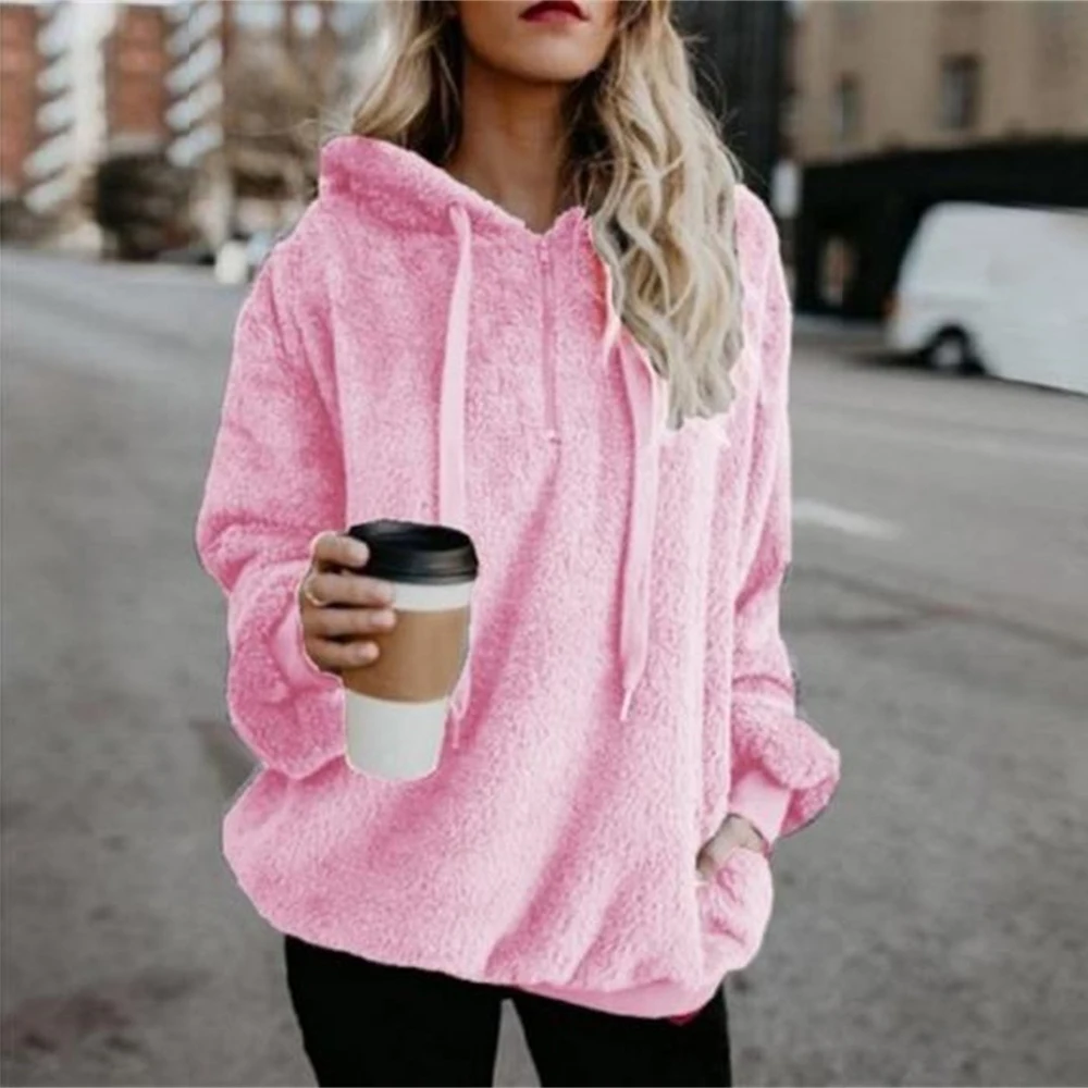 Женский флисовый свитер с капюшоном повседневный однотонный пуловер на молнии