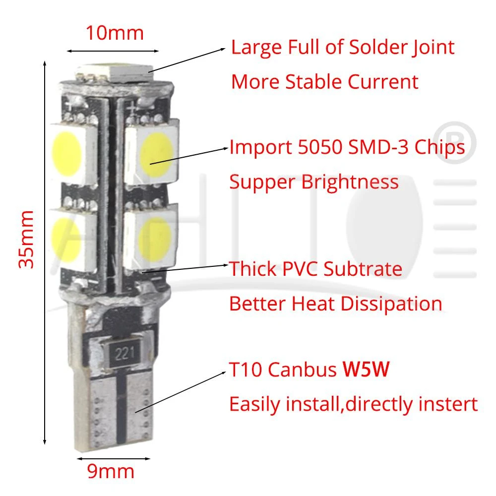 

2PCS/lots White Car Leds T10 5050 9SMD CANBUS W5W 194 DC Tail Dashboard Clearance Light Car Interior Bulbs Wedge Corner Lamp 12V