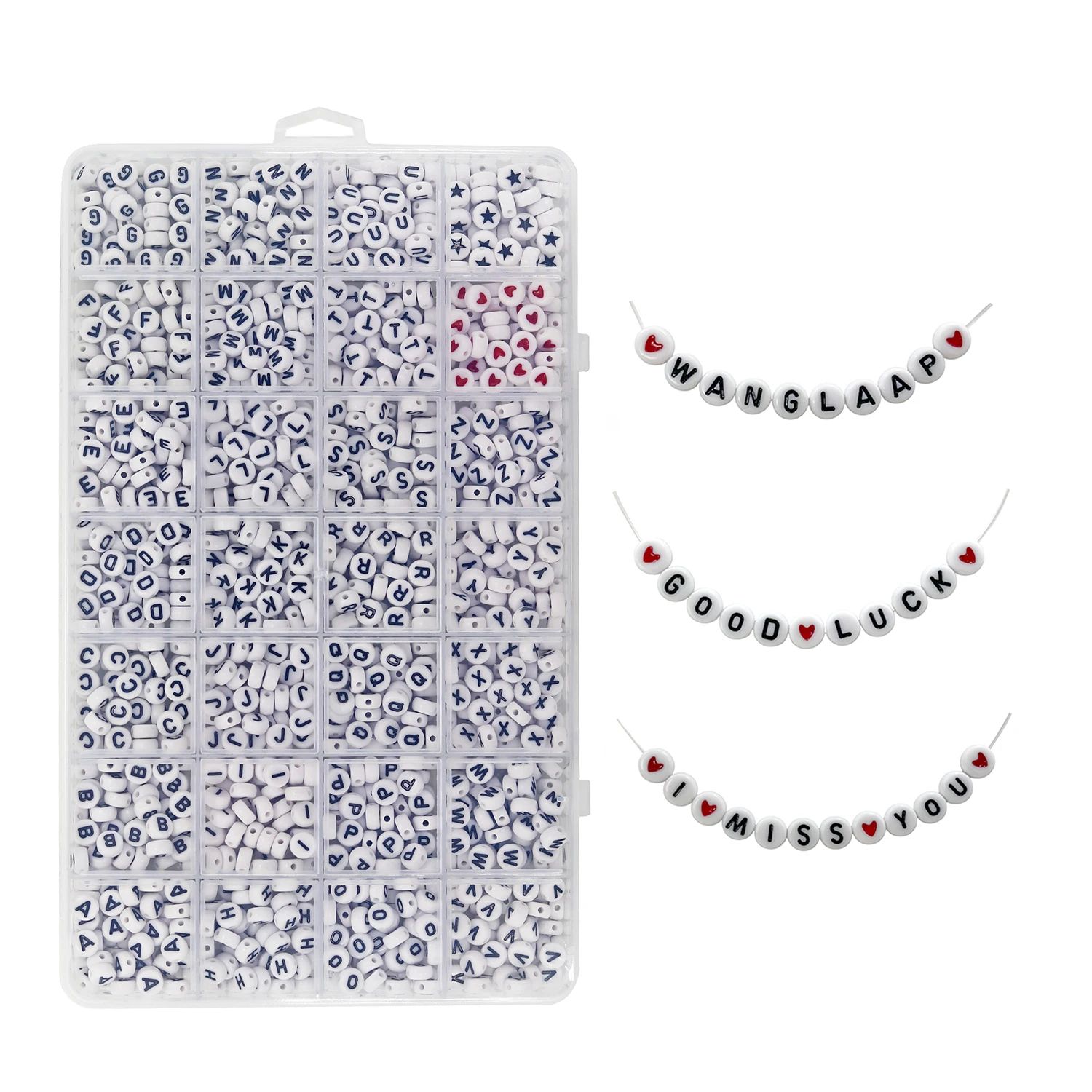 

WangLaap 1450Pcs White Acrylic 4*7mm Round Beads Kits Black Alphabet Letters Red Heart Black Star Beads DIY Jewelry Making