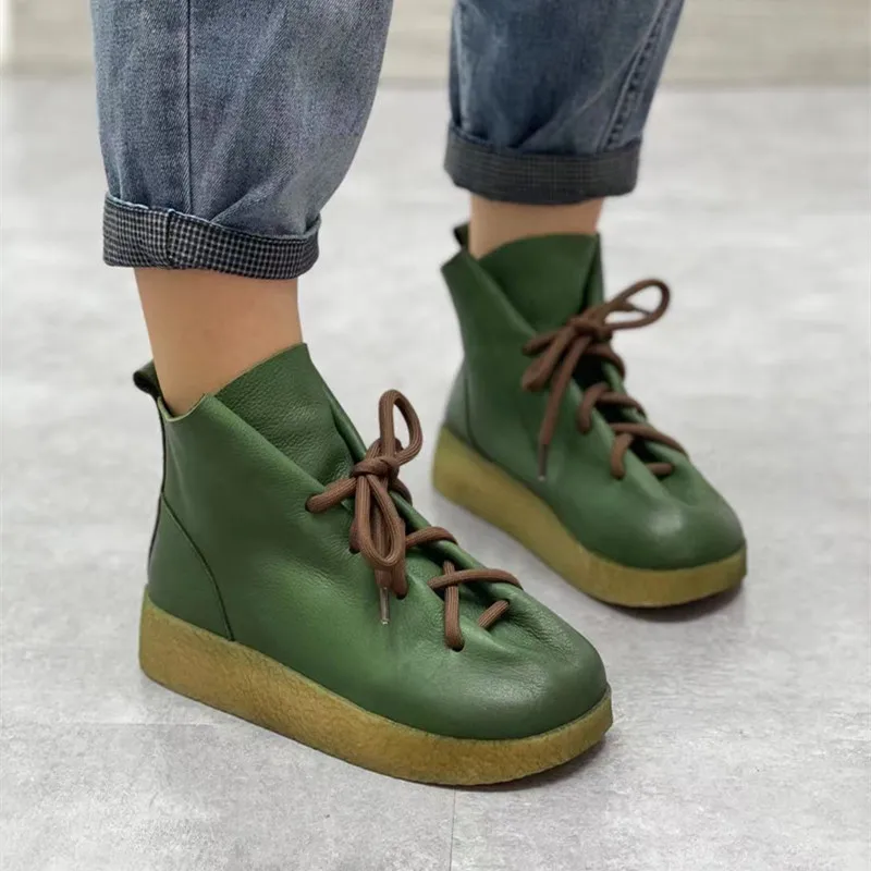 

New Round Head Martin Boots Top Layer Cowhide Leather Retro Low Heel Women's Shoes Casual Ankle Botas Outdoor Tooling Walking