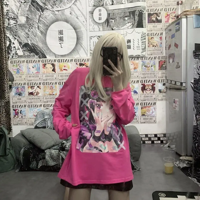 

Harajuku Lolita Anime T Shirt Women Plus Size Tops Clothing Spring Autumn Long Sleeve T-Shirt Loose Cartoon Girls Kawaii Tees