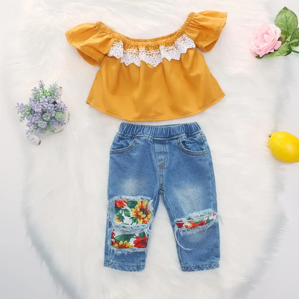 

Children Clothes Summer Flying Sleeve Baby Girls Clothes Set Lace Top+Jeans Tracksuit Suit Kids Toddler Girls Outfits Clothes