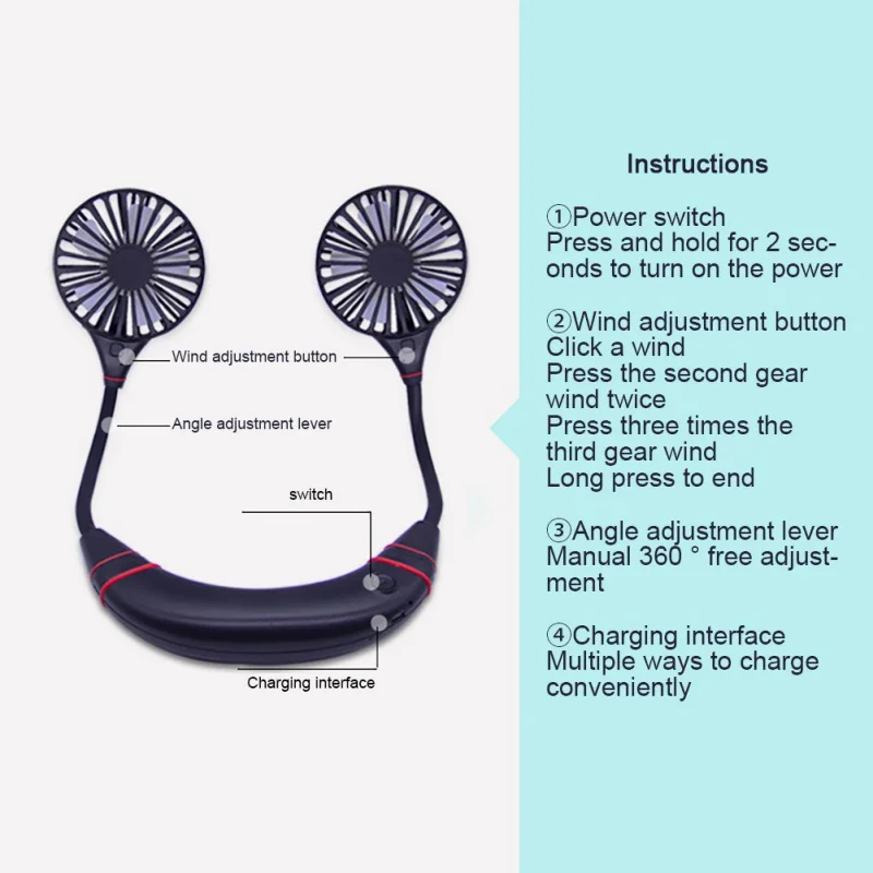

Portable Neck Fan Mini 2200mAh USB Rechargeable Battery Operated Hand Free Fan 12H Working Hours 3 Speeds 360 Degree Adjustment