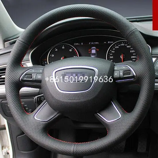 

Hand-stitched Black leather Car Steering Wheel Stitch on Wrap Cover for Audi A6