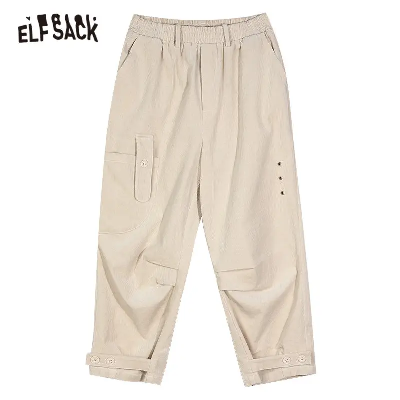 

ELFSACK Solid Pure High Waist Casual Women Corduroy Trousers,2020 Autumn ELF Minimalist Korean Ladies Basic Daily Safari Bottom