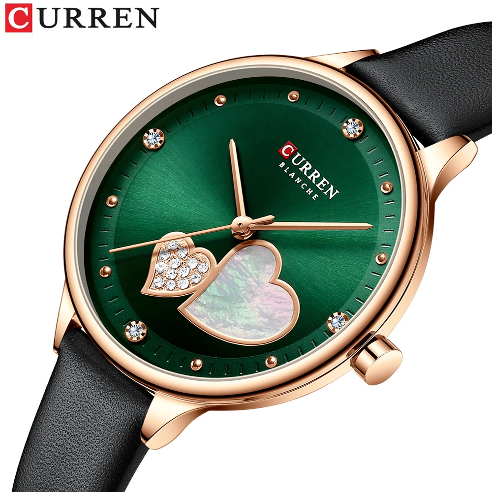 

CURREN Green Golden Top Brand Fashion Ladies Watches Quartz Leather Band Wristwatch With Rhinestone Waterproof Clock for Female