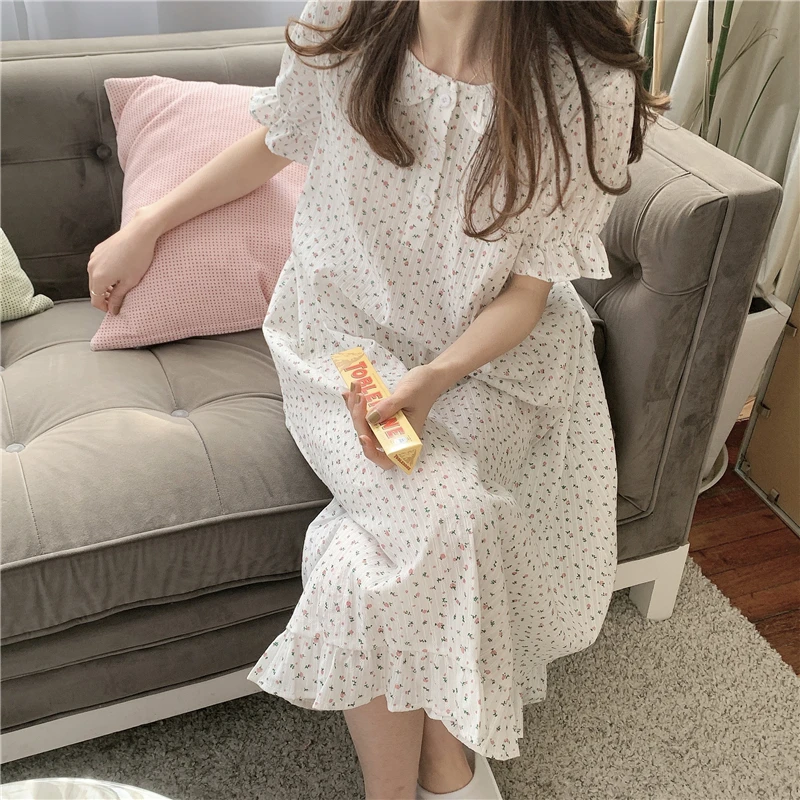 

women nightgowns floral sleepwear home clothes short sleeve peter pan collar cotton dresses homewear summer nightdress Y604