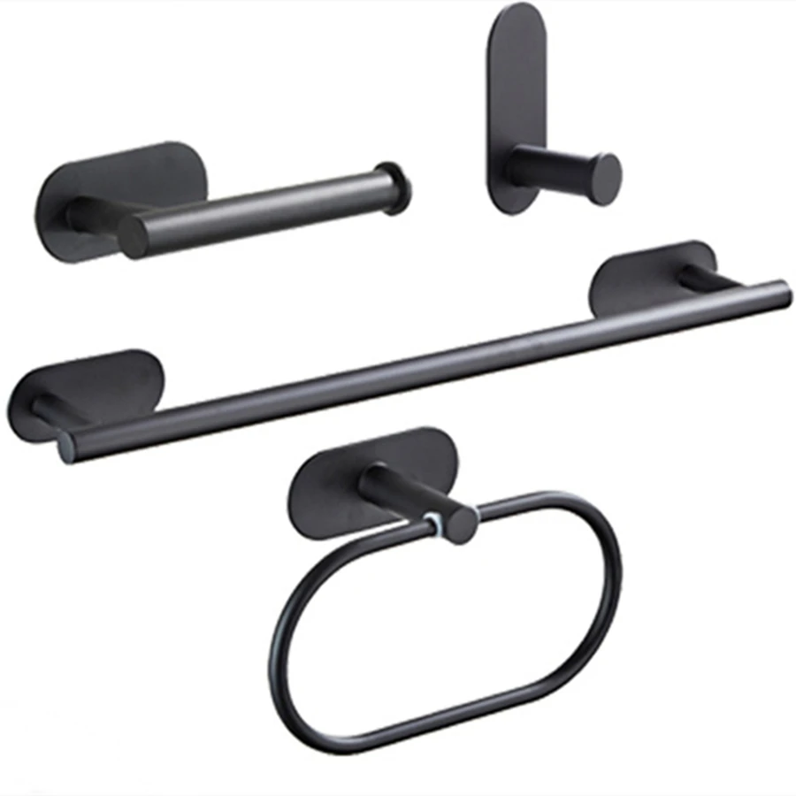 

Newest Stainless Steel Hardware Set Self-adhesive Towel Bar Paper Holder Robe Hook Towel Ring Black Golden Bathroom Accessories