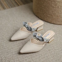 butterfly knot pointed toe mules women shoes chunky heels slippers shallow slides slip on pump fashion shallow sandals apricot
