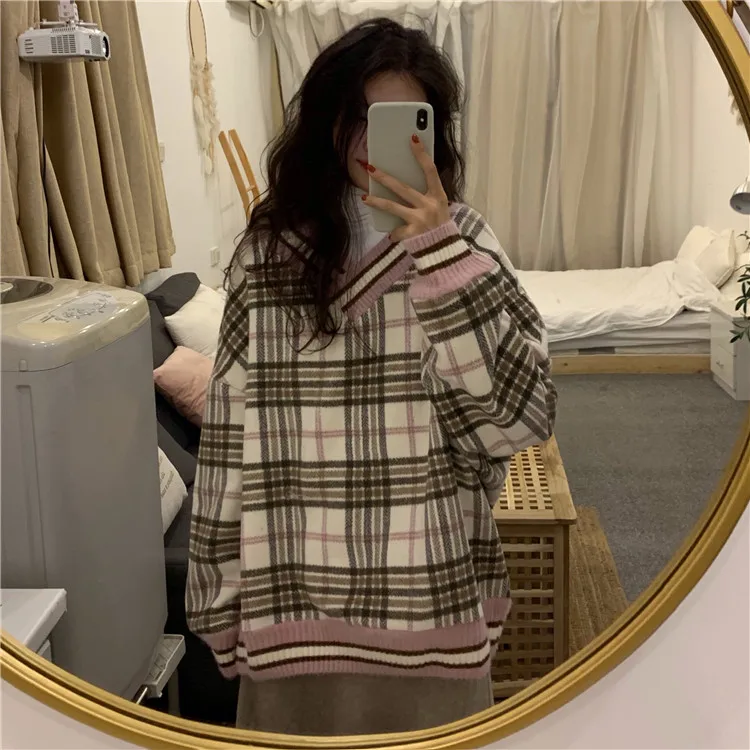 

Plaid Vintage V-neck Sweatshirts Women Loose Oversized New Preppy Style Winter Tops Plus Size Fashion Girls Casual Streetwear