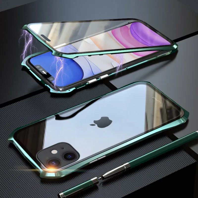 Передний и задний Магнитный стеклянный чехол для Apple iPhone 11 Pro чехол 360 металлический бампер полный корпус чехол для etui iPhone 11 Pro Max чехол - Цвет: Full Green