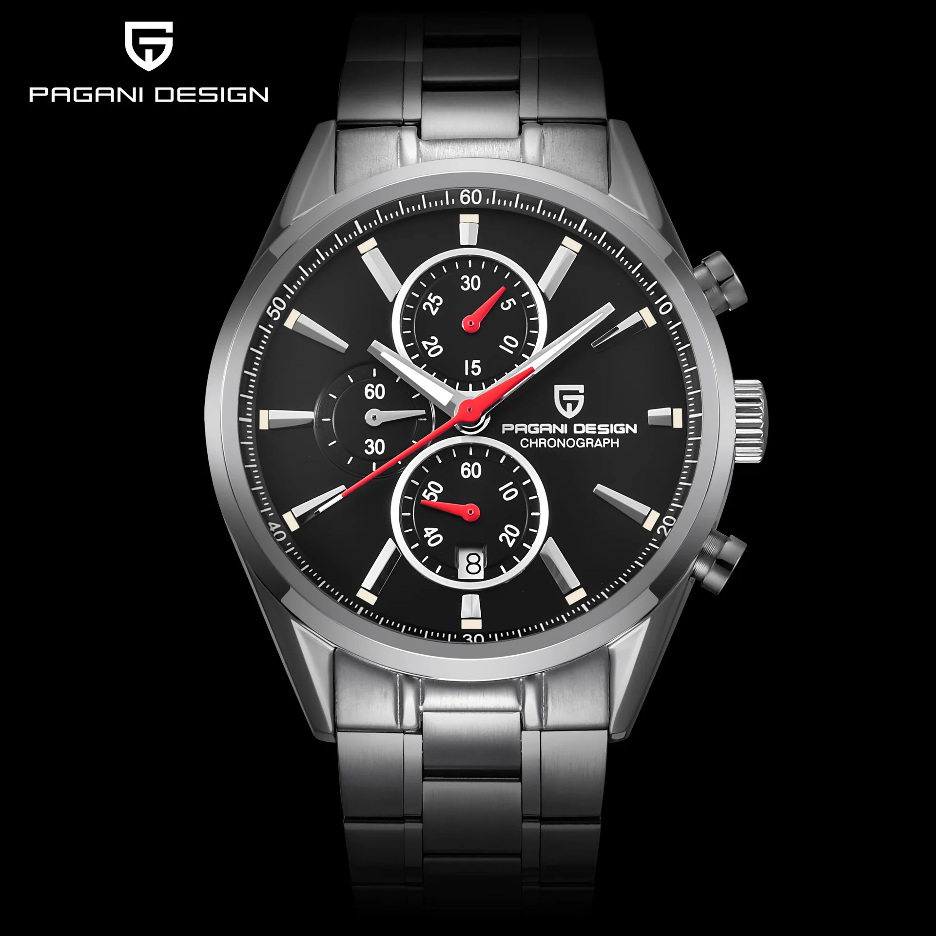 PAGANI Chronograph Men's Sport Watches Silver Stainless Steel Case and Strap Wristwatch Men Quartz Watches Analog Clock A330
