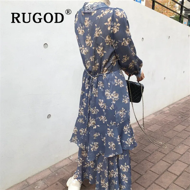Женское ретро-платье RUGOD корейское цветочное Макси-платье с длинными рукавами