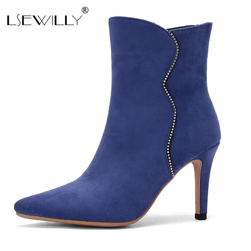 

Lsewilly Black Blue Women Ankle Boots Faux Suede Pointed Toe Thin High Heel Ladies Short Boots Dress Autumn Winter Women's Boots