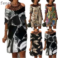 feogor 2021 summer new womens five point sleeve printed mesh rope one shoulder dress loose dress dress plus size dress