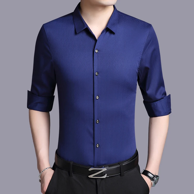 Men 2020 Long Spring Sleeve White Real Silk Shirt Black Mens Shirts Casual Slim Fit Korean Social Camisa Masculina KJ2266