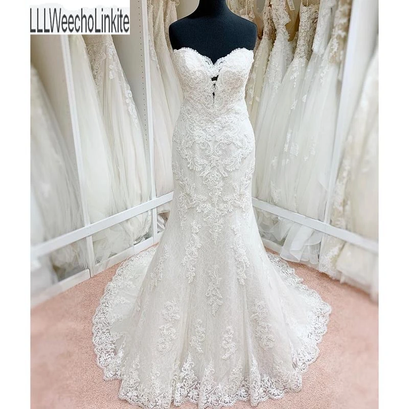 

Ivory Lace Tulle Sweetheart Mermaid/Trumpet Wedding Dresses Chapel Train Sleeveless Floor-Length Bridal Gowns Custom Made