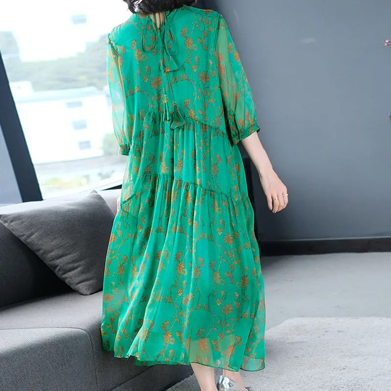 

2020 New Summer Women Middle Aaged Mom Flower Print Green Chiffon Fashion Dress Female Half Sleeve O Neck Dresses Vestitos W128