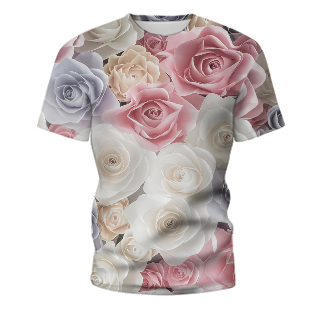 

2021 Summer New Men's T-shirt 3D Rose Flower Graphic Print T-shirt Youth Romantic Casual Fashion Round Neck Hip Hop Short Sleeve