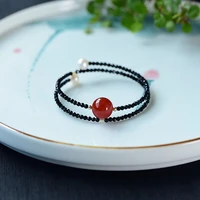 natural black spinel faceted red agate freshwater pearl beads bracelet for women double circle opening bangle female gem jewelry