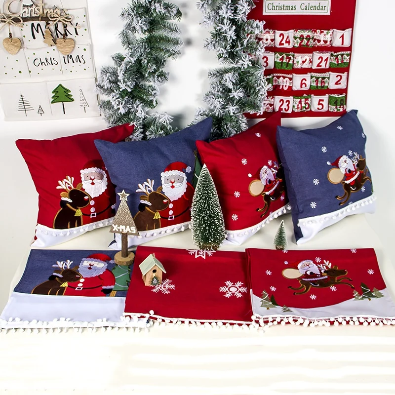 Xmas Embroidered Decorative Pillowcase With White Pom Balls Christmas Throw Pillow Cover Cushion Case 112G | Дом и сад