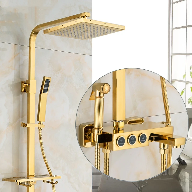 Роскошный Золотой латунный Смеситель для ванной комнаты настенный ручной