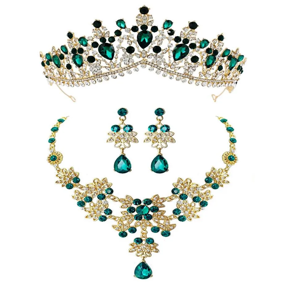 

Baroque Retro Gold Red Green Blue Crystal Bridal Jewelry Sets Necklace Earrings Tiaras Crown Wedding African Beads Jewelry Set