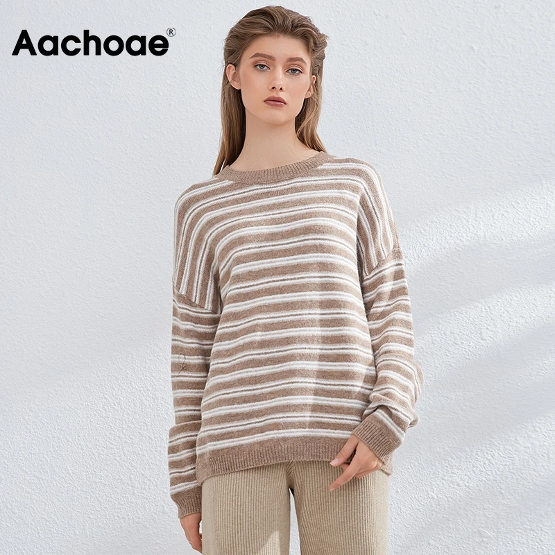 

Женский базовый вязаный свитер Aachoae, повседневные шикарные полосатые джемперы с круглым вырезом и длинным рукавом летучая мышь, Осенний жен...