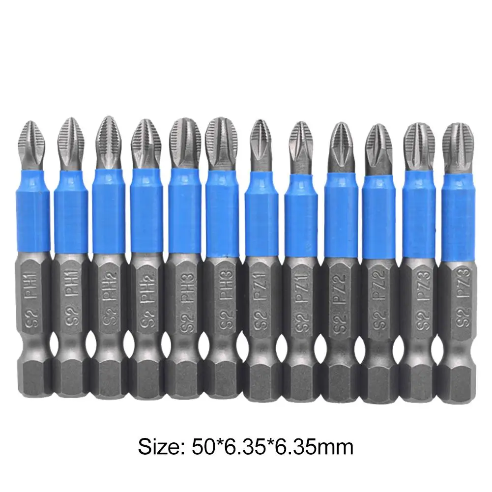 

12pcs Gcr15 Phillips Bit Hex Shanked Antislip Screwdriver Bits Magnetic Single Head PH1 PZ1 PH2 PZ2 PH3 PZ3 50mm Length Tool Set