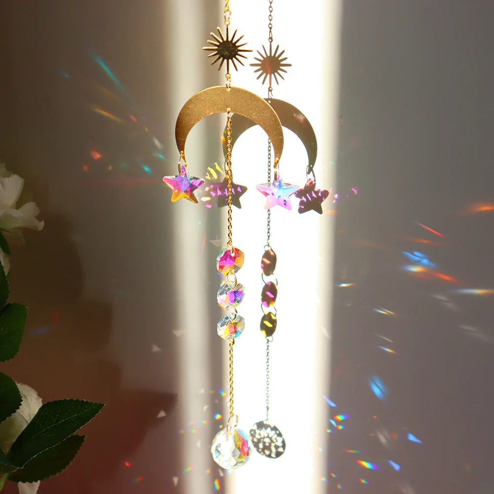 

Suncatcher Aura Crystal Moonphase | Window Light Catcher | Prism Celestial Rainbow Maker | Sun Moon And Stars | Witchy Gift