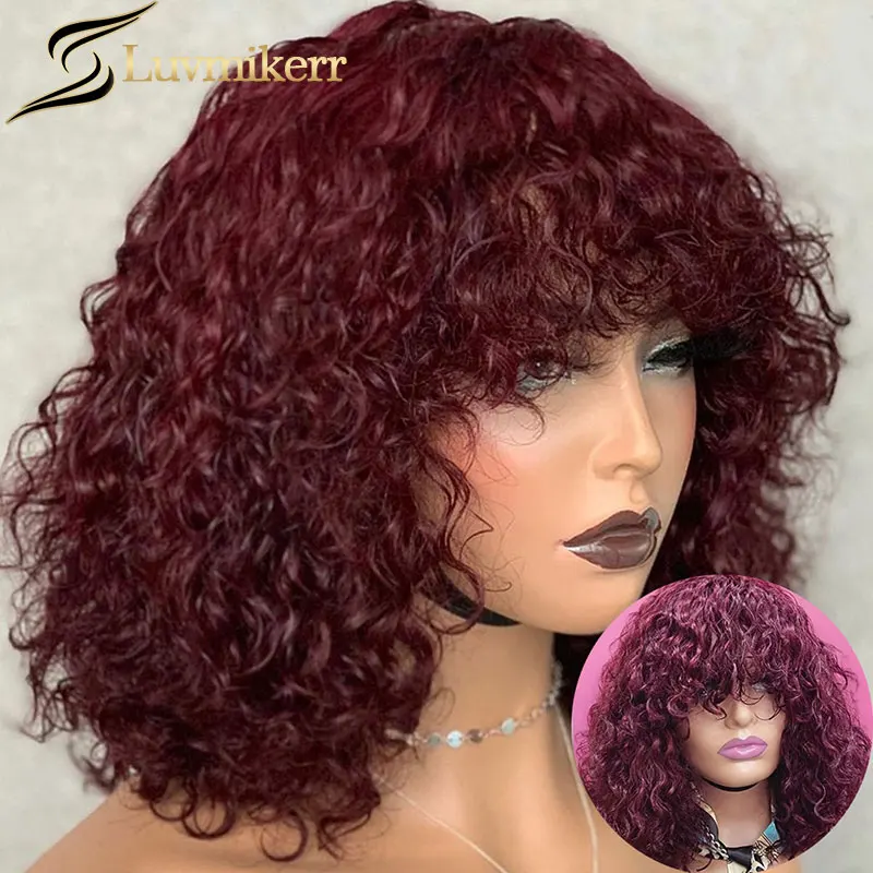 

99J Burgundy Red Curly Honey Blonde Short Bob Full Machine Made Wig With Bangs Glueless Human Hair Wigs For Black Women 180 Remy