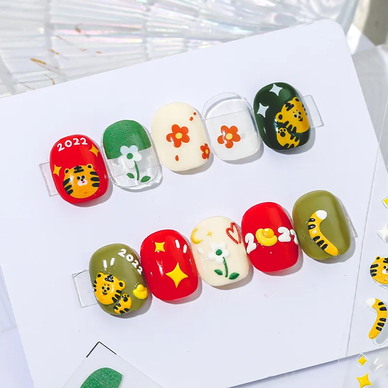 

2022 Little Tiger 3D Nial Art Stickers Flowers New Year's Eve Nail Design Self Adhesive Manicure Decoration Nail Accessories