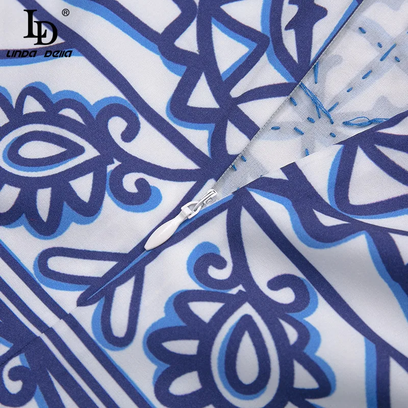 

LD LINDA DELLA Summer Vintage Blue Print Long Dress Women Fashion Runway Luxury Beading Cascading Ruffles Elegant Holiday Dress