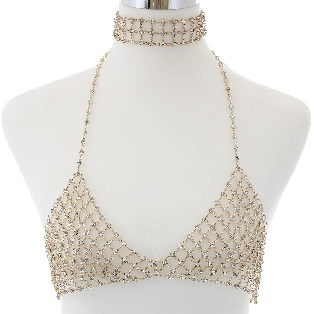 GoldBraAndChoker Сексуальная цепочка на грудь для тела, Женский Кристалл, цепочка на бюстгальтер, бикини, роскошные стразы, ювелирное изделие для тела, массивные ремни, пляжные летние ювелирные изделия - Окраска металла: GoldBraAndChoker