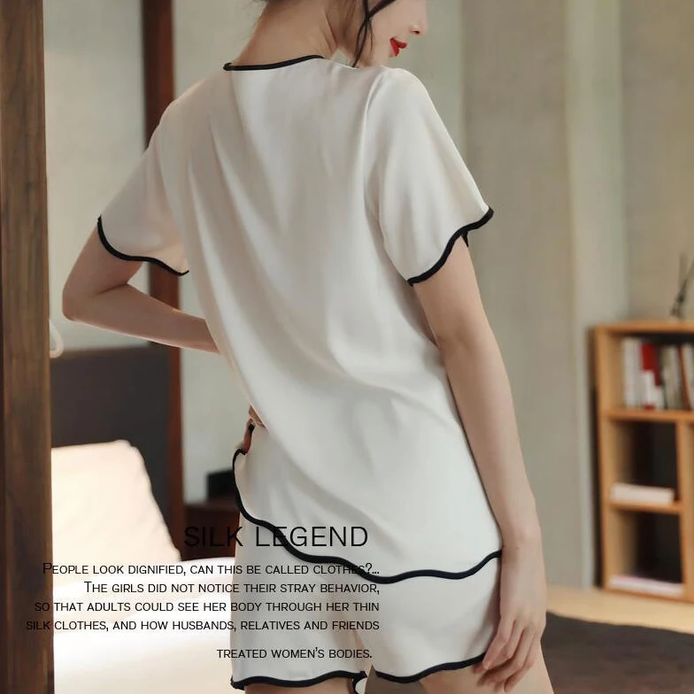 CAIYIER New Luxury White Silk Pajamas Set Summer Women Simple Soft Nightwear Solid Color Fashion Short Sleeve Homewear Suit 2XL