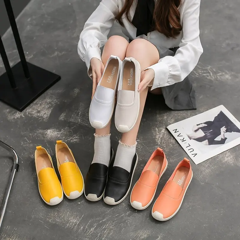 

Casual Shoes 2021 Spring Summer Candy Flats Round Toe Leather Loafers Slip On Fold Heel Anti Skid Flat Heel Shoes
