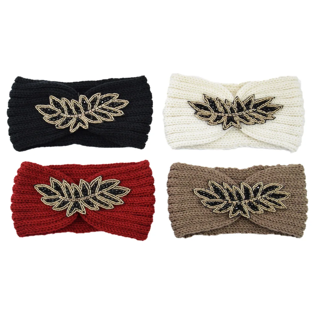 

Diamond-encrusted fifteen-leaf gem wool hair band knitted headband hand-made headgear woven hairband warm hair accessories