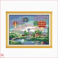 hot air balloons and riverside views cross stitch kit 14ct 11ct printed fabric embroidery kit diy handmade needlework gift