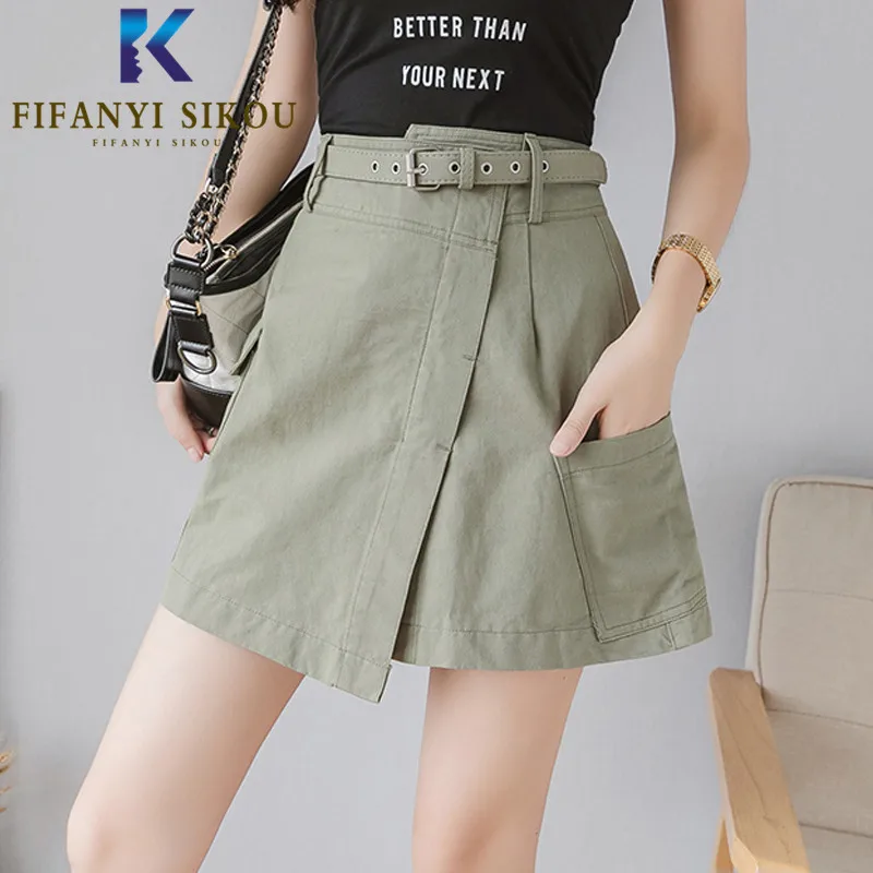 

Summer High waist Skirt Women Fashion Pocket Asymmetry Mini Skirt High quality Female Loose Plus Size A-Line Skirts With Belt