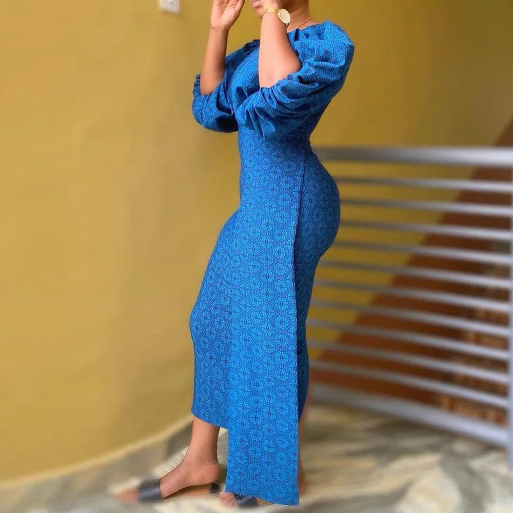 

Women Blue Printed Mid-length Irregular Puff Sleeves O-neck Sheath Dress Plus Size Casual Slim Bodycon Women Dress Streetwear