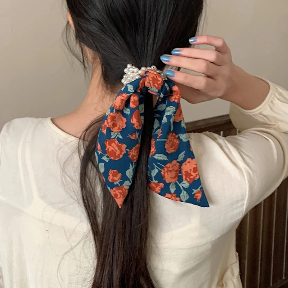 

New Women Vintage Elegant Pearls Print Ribbon Scrunchie Hair Tie Decoration Sweet Hair Bands Headband Fashion Hair Accessories