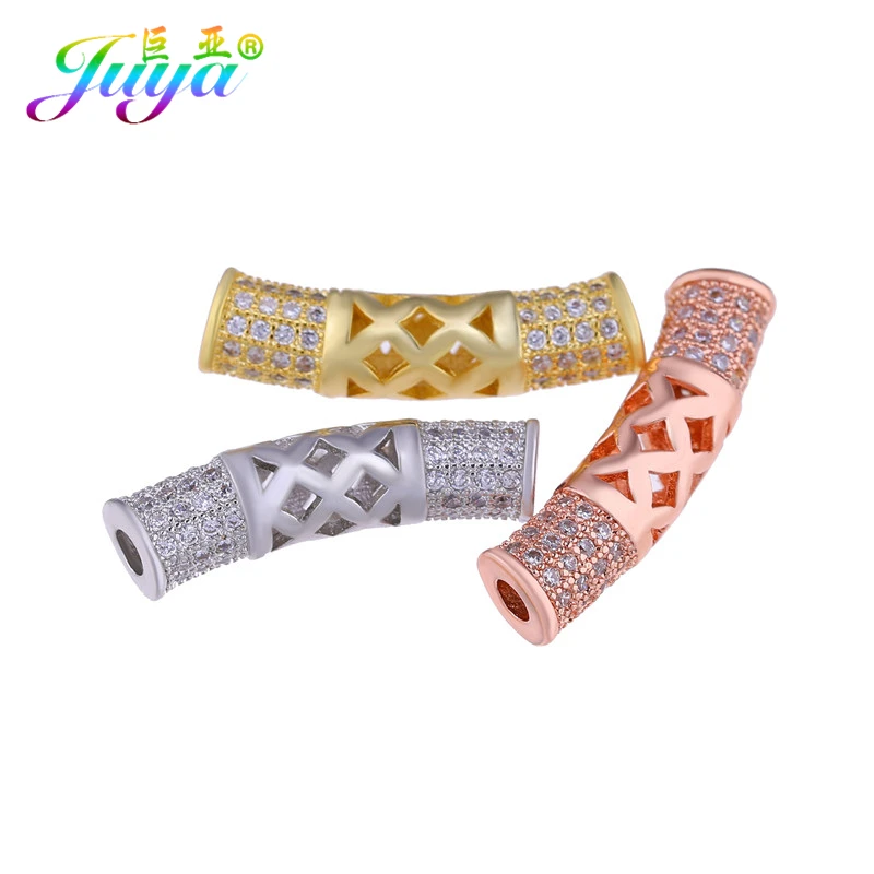 Juya DIY золотые/серебряные/розовые золотые разделительные бусины, поставки, микро проложенные циркониевые изогнутые трубчатые бусины для изготовления ювелирных изделий из натурального камня и жемчуга