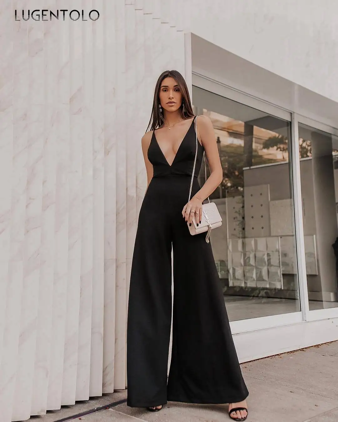 

Женские прямые черные комбинезоны с высокой талией, с глубоким V-образным вырезом, с открытой спиной и широкими штанинами, тонкие летние ком...