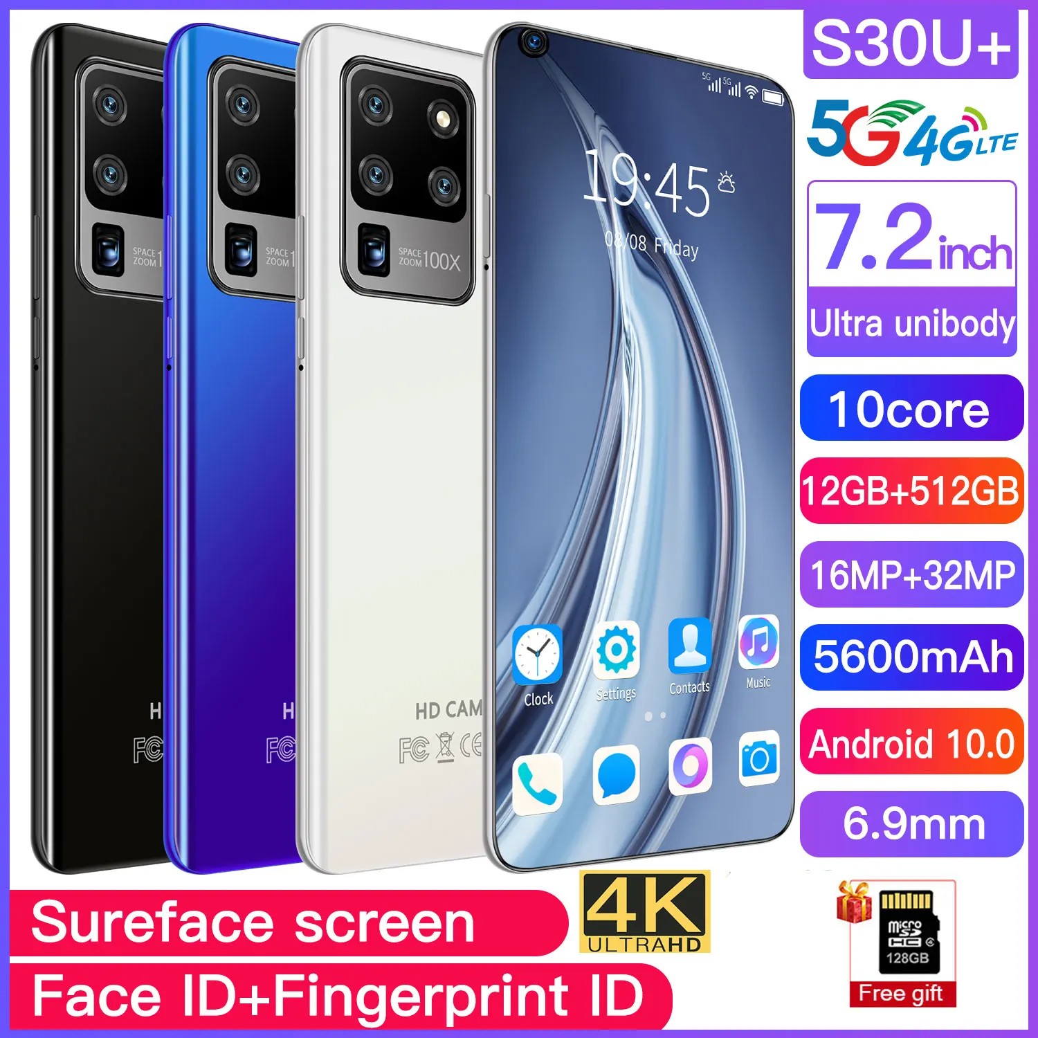 

S30U Plus Smart Phone 12GB+512GB Memory Android 10.0 16MP+32MP Camera 6.1"HD Screen 5000mAH Battery Face ID Unlock Dual Card