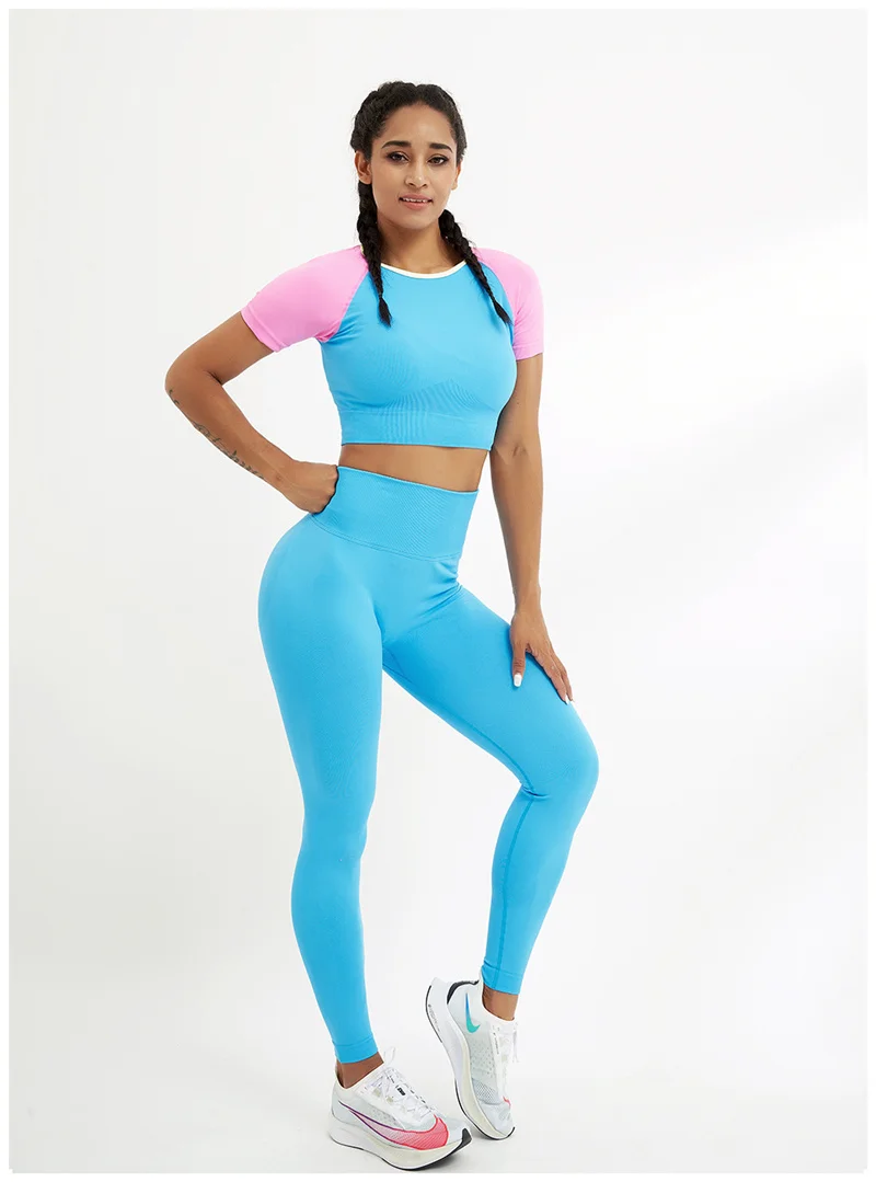 

Seamless Sport Set Women 2pcs Crop Top Shirt Solid High Waisted Legging Yoga Sportsuit Workout Outfit Fitness Female Gym Clothes