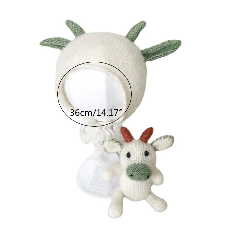 

H55B 2 Pcs Baby Knit Cow Hat Doll Set Crochet Beanies Newborn Photography Props for Infants Photo Shooting Posing