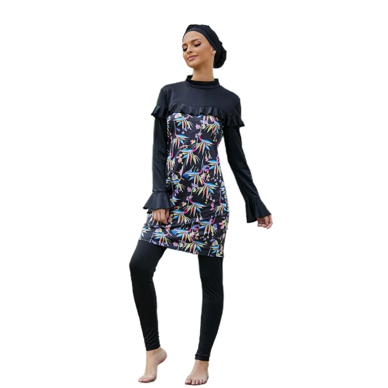 

Women Muslim 3pcs Burkini with Hijab Cap Long Sleeve Ruffled Modest Swimsuit Islamic Stand Collar Full Cover Beachwear