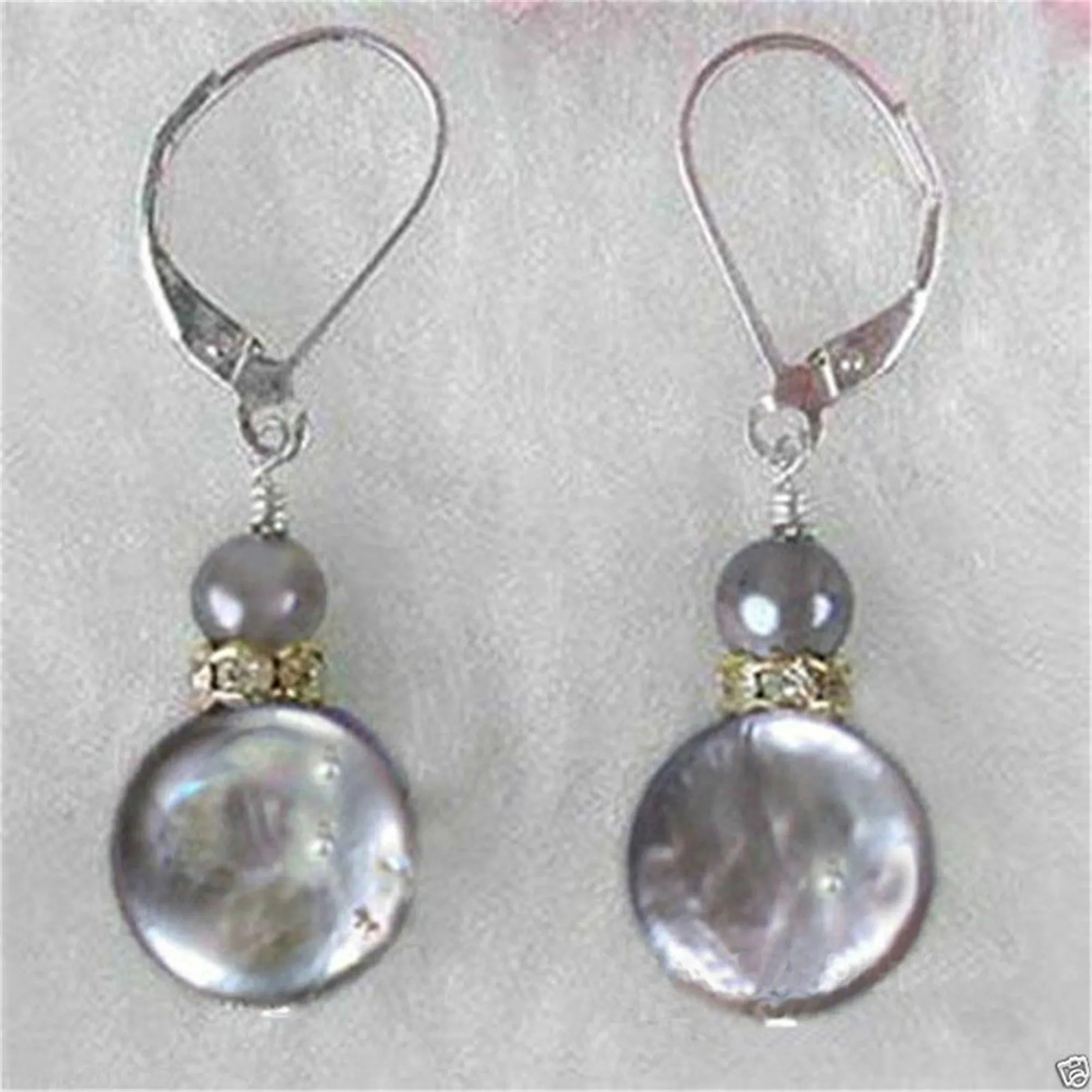 

13-14mm Coin Gray Baroque Pearl Earring Silver Hook Fashion Women Wedding Natural Earbob Flawless Classic Cultured
